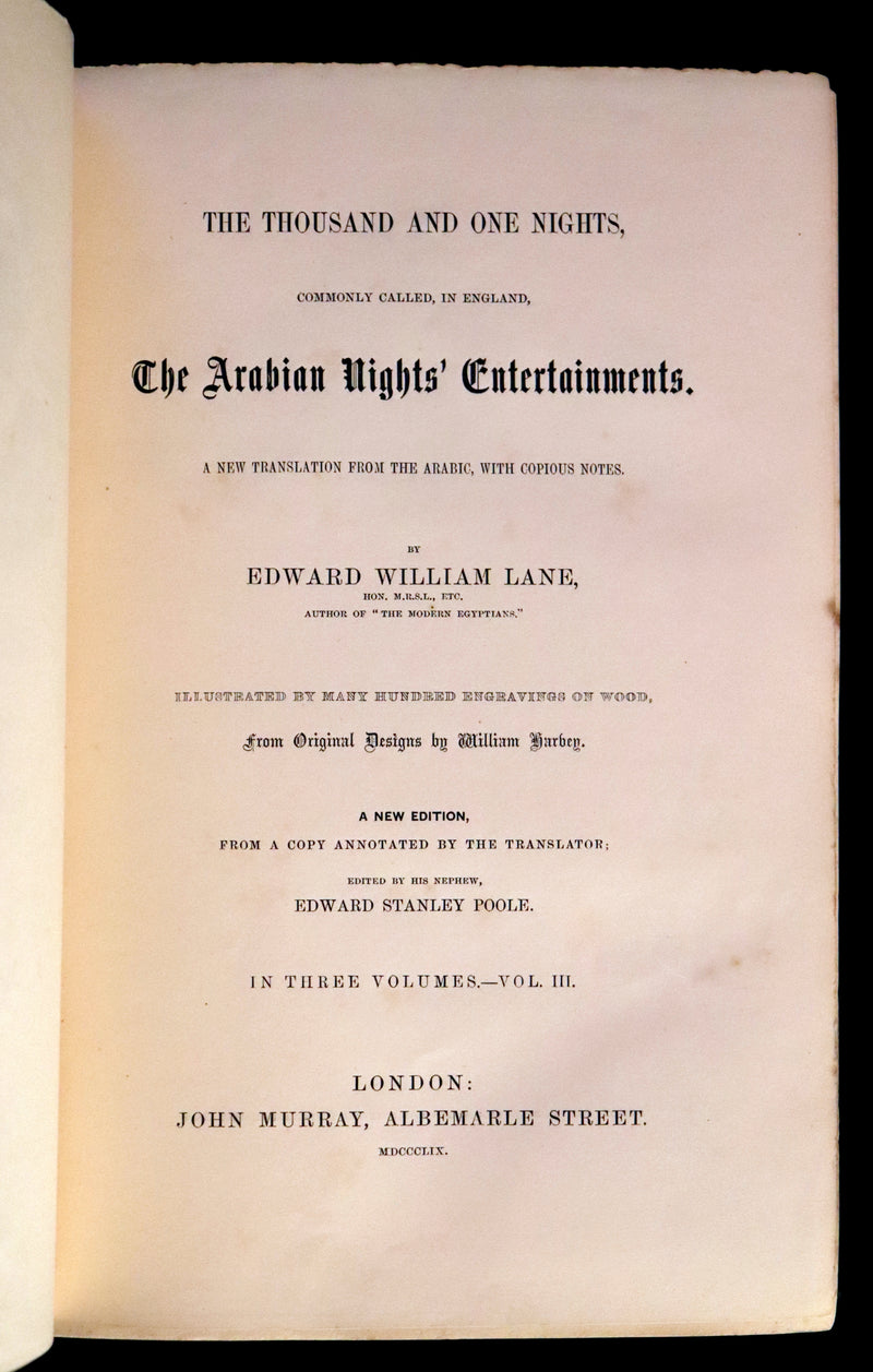 1859 Rare Book Set - The Thousand & One Nights, ARABIAN NIGHTS by Edward William Lane.