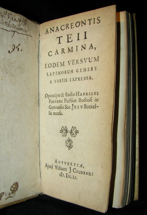 1651 Rare Latin Greek Vellum Book - Anacreon's Poems - Anacreontis Teii Carmina