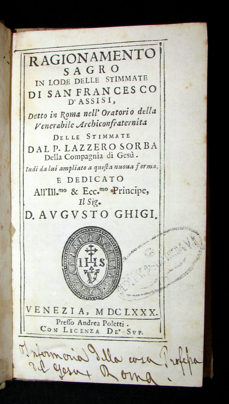 1680 Scarce Italian Vellum Jesuit Book - Panegyric on the Stigmata of St. Francis of Assisi