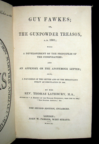 1840 Rare Book -  Guy Fawkes Or, The Gunpowder Treason, A.D. 1605; With a Developement of the Principles of the Conspirators; and an Appendix on the Anonymous Letter