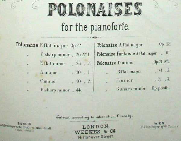 1880's Very Rare Victorian edition of Frederick CHOPIN 's POLONAISES for Pianoforte - Music scores