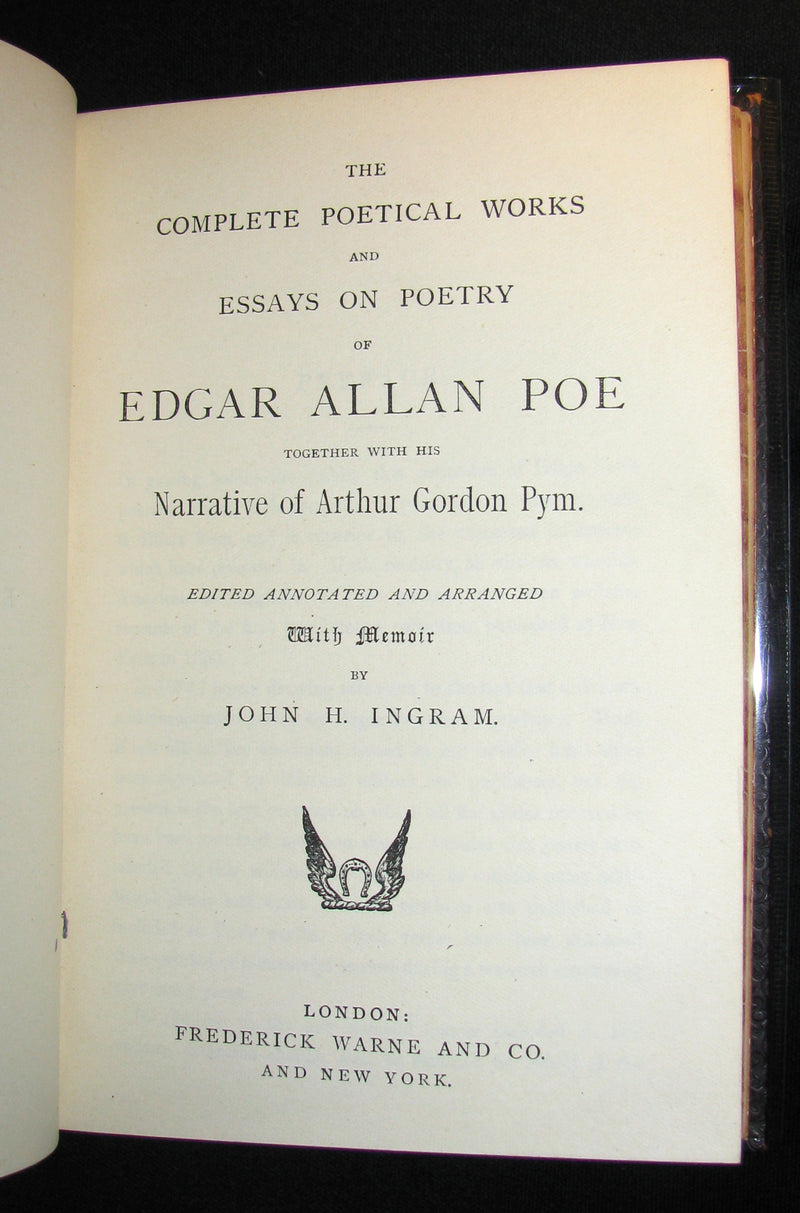1888 Rare Victorian Book - The Complete Poetical Works and Essays on Poetry of EDGAR ALLAN POE together with his Narrative of Arthur Gordon Pym