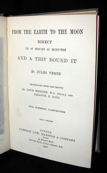 1896 Rare Book - JULES VERNE - From the Earth to the Moon, Direct in 97 hours 20 minutes