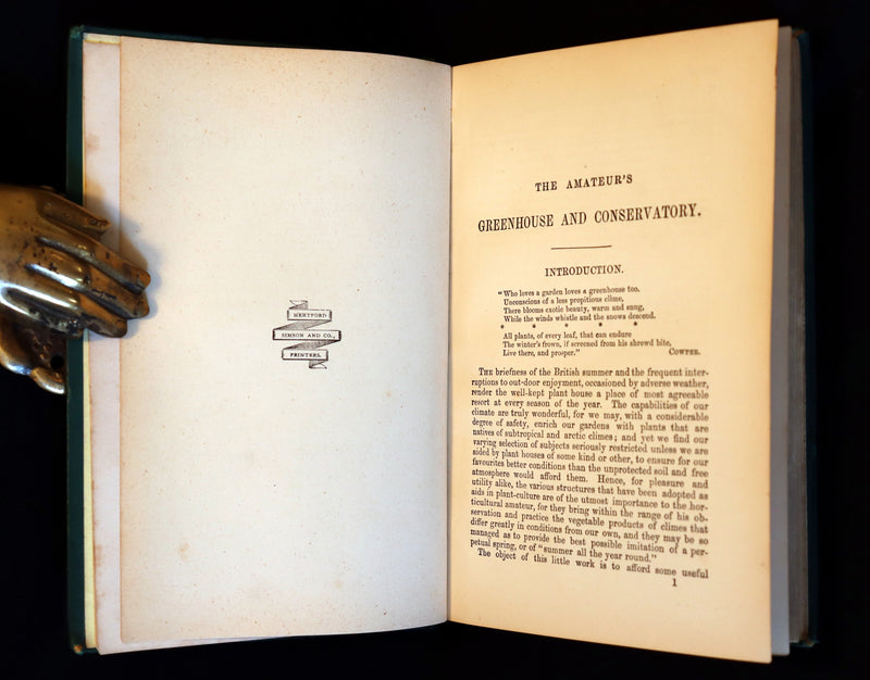 1883 Rare Victorian Book - The Amateur's Greenhouse for Plants and Flowers by the famous botanist James Shirley Hibberd.